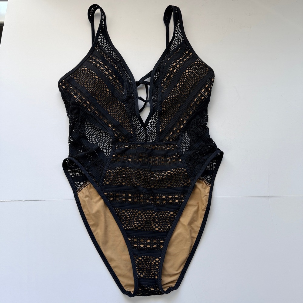 Becca Reveal Plunge One- piece Swimsuit Women's Medium Black Crochet
